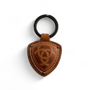 ARIAT Brown Leather Embossed Keychain Key Ring Stitched Double Sided Western
